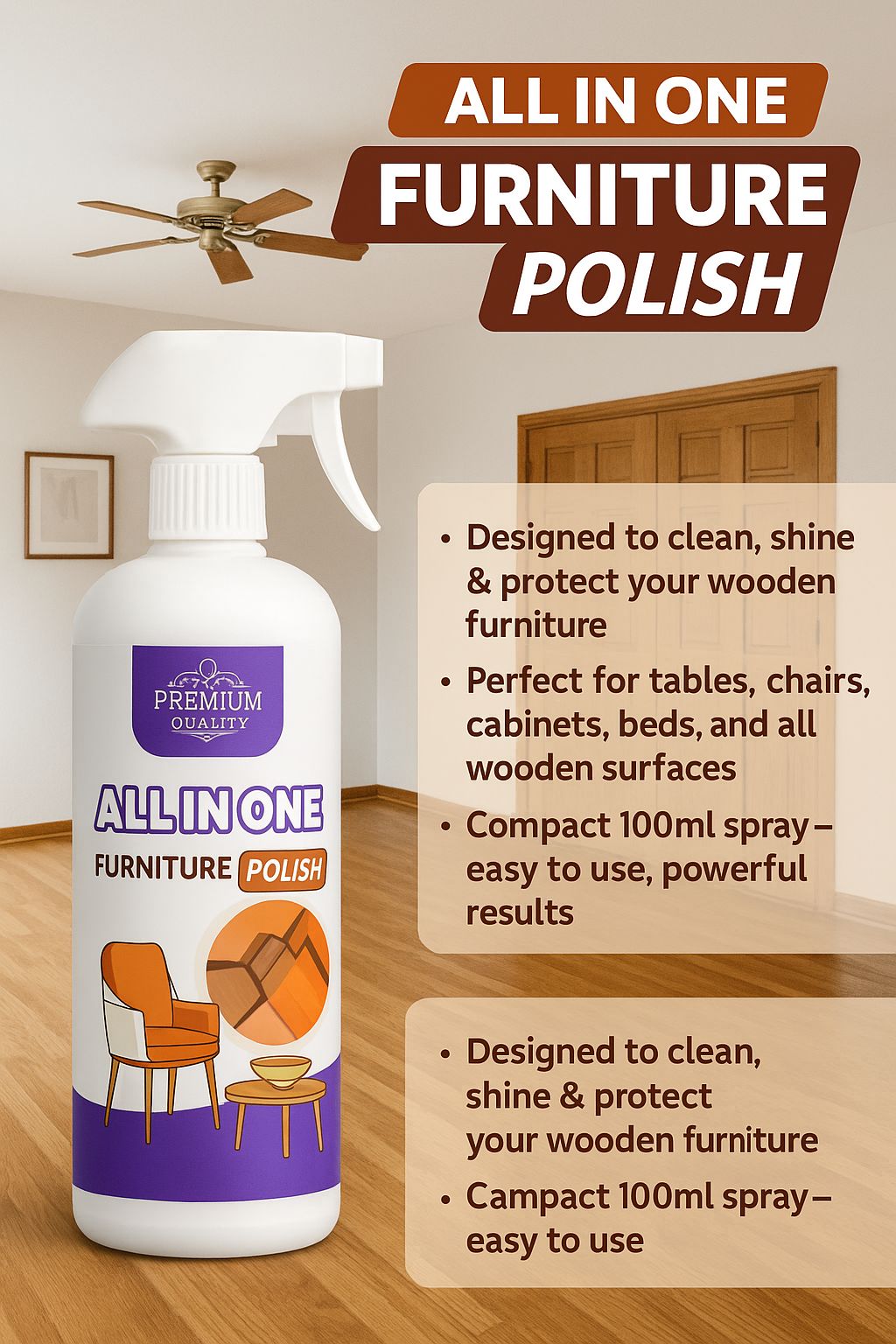 Polish Furniture Cleaner Shiner Floor Coating Paint Wood 100ML (Pack of 2 + 1 free)